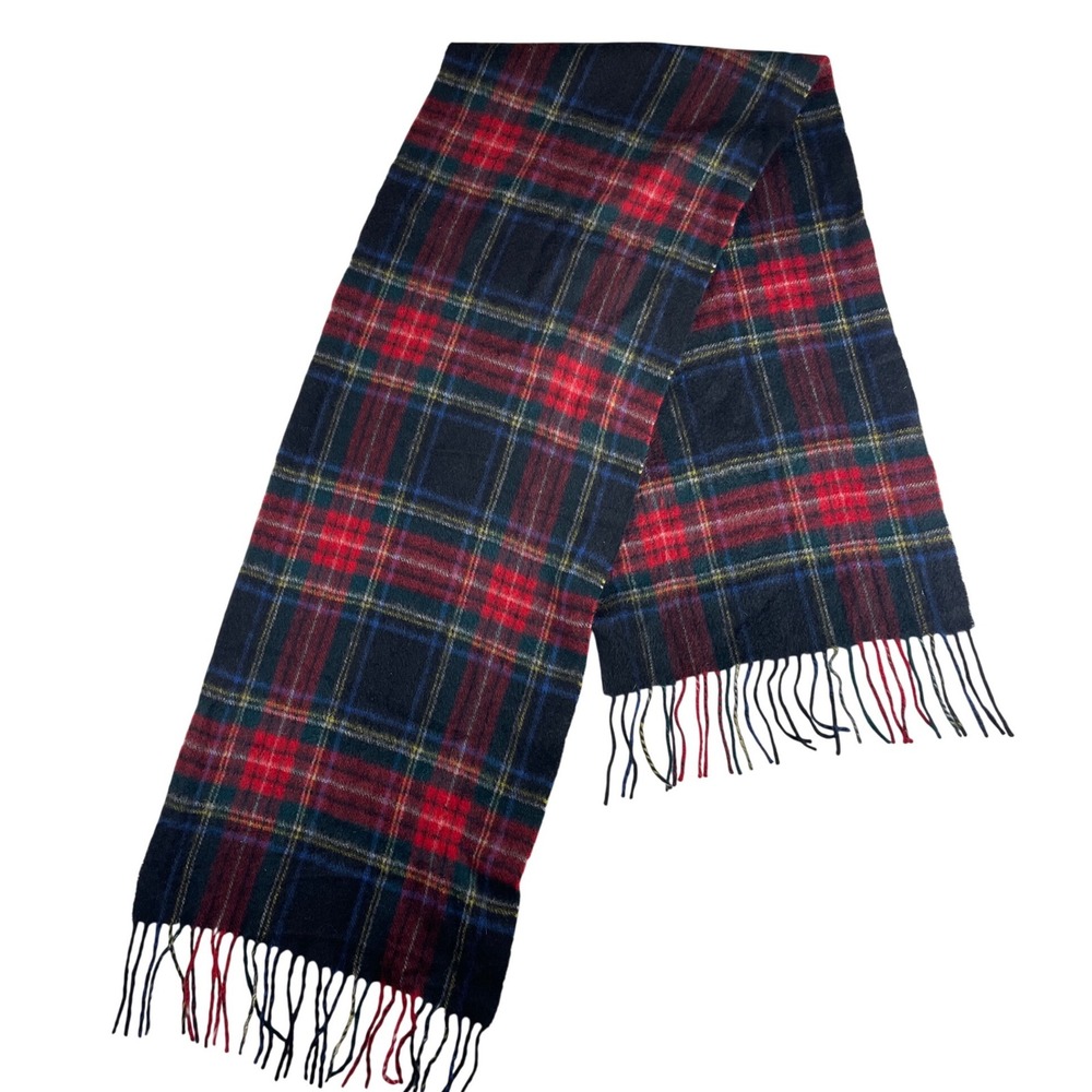 100% Cashmere Plaid Scarf Navy Red Green Yellow Fringed Winter Wrap